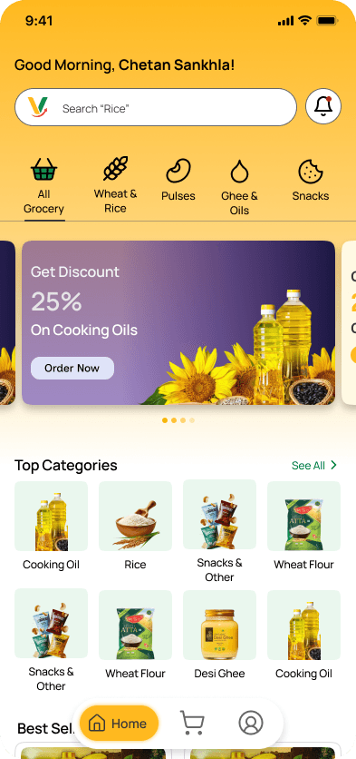 Varenyon app home — search, categories, and bottom navigation